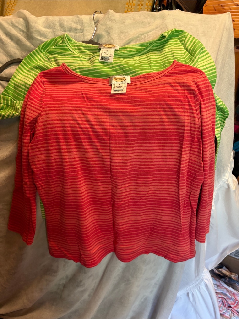 TWO Talbots Women’s Long Sleeve Striped Tee in Coral & Lime Green